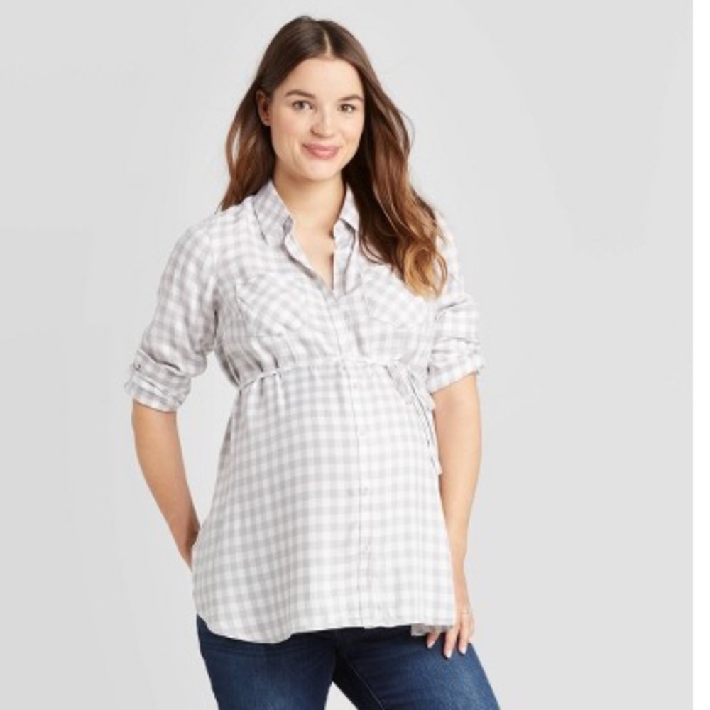 Maternity Plaid Popover Tunic Top  Gray